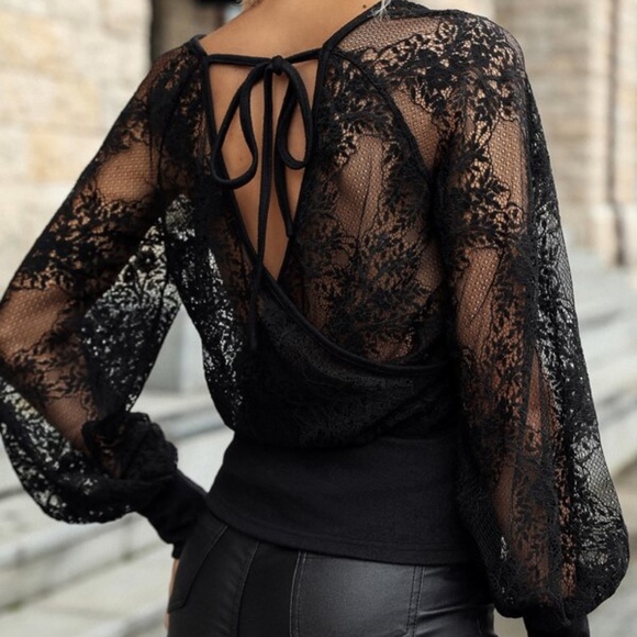 BellanBlue Tops - Boho Black Floral Print Lace Sheer Lantern Sleeve Top